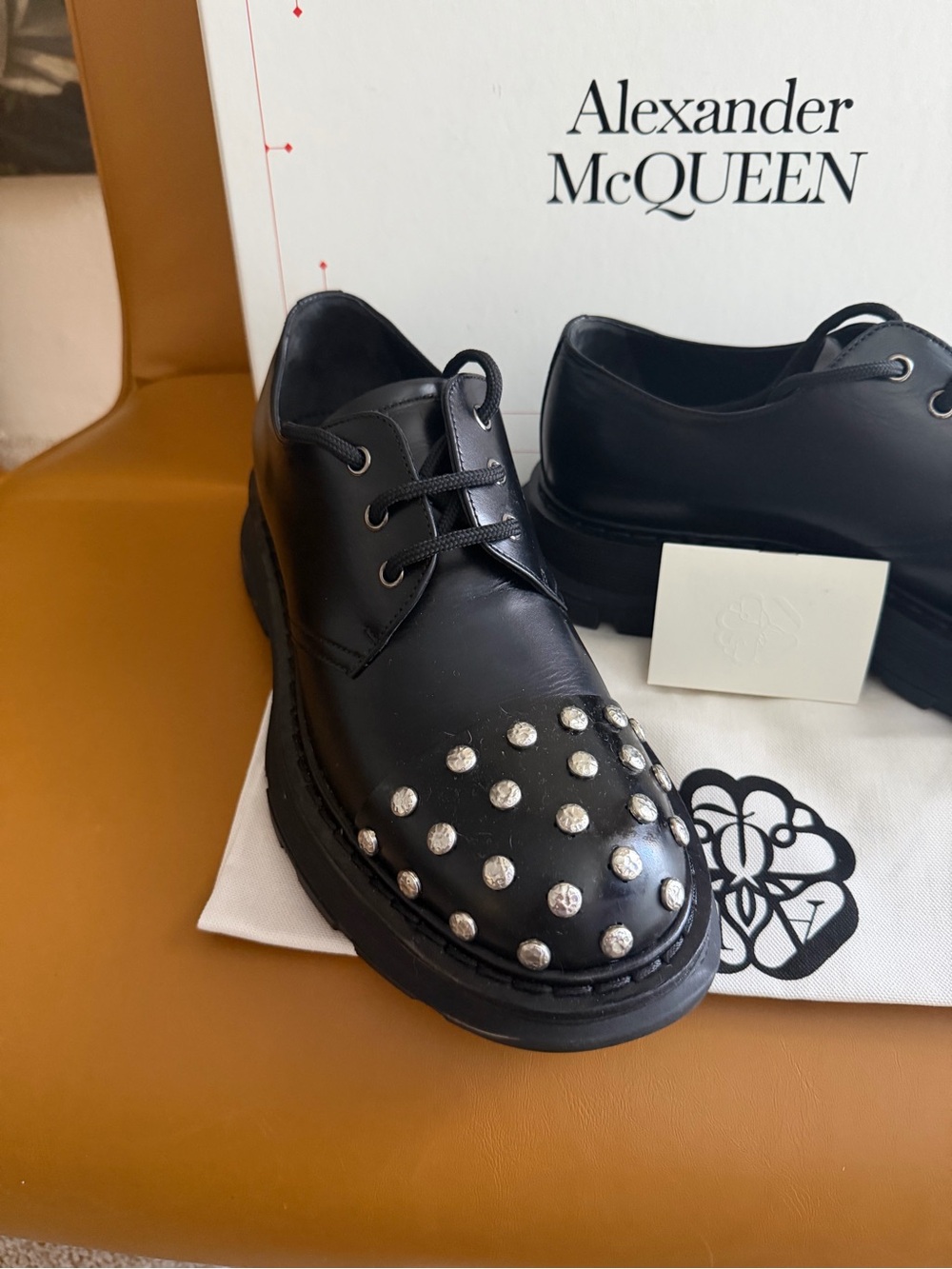 Alexander McQueen Black Leather Derby Shoes with Silver Stud Accents